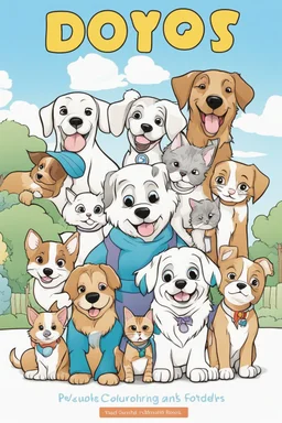 colouring book cover, simple picture for toddlers, pets: dogs, kitties, disney and pixar style