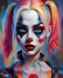 realistic portrait of harley quinn Oil painting with huge eyes, slender clothing, art with bright colors, Paolo Pedroni style, soft, dreamlike, surrealism, abstract background, intricate details, 3D rendering, octane rendering. Background with abstract designs. Masterpiece of the best quality, high definition, 32k. By Monique Moro.