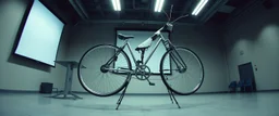 pinhole cam, airbrush 3d rendering, A five-second cinematic single take in a clean industrial presentation hall. A bizarre mechanically plausible bicycle machine stands beside a presentation podium, designed to look like a giant mechanical praying mantis. Two large bicycle wheels form its main body and four thin articulated mechanical legs support it. Two long folded mechanical front arms resemble mantis forelegs