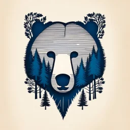 M shaped bear head combined with woods silhouette in backround, letterpress style, minimalistic pencil art