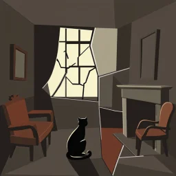 A cubist interpretation in the style of Picasso. Fragmented room with angular Renaissance furniture, broken lines of light entering through a stylized window. A simplified abstract cat sits near a cubist fireplace. Shapes overlap and shift perspective, creating a symbolic and emotional image. --v 7 --style raw --ar 1:1