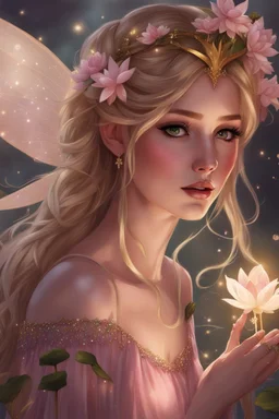 Blonde hair ,Pink dress,Sparkling fairy wings,Very long golden hair,Fairy crown,pointed ears,elven ears,fairy wings,water lilies,sparkling,glittering,flowers,blossoms,golden crown,light pink dress