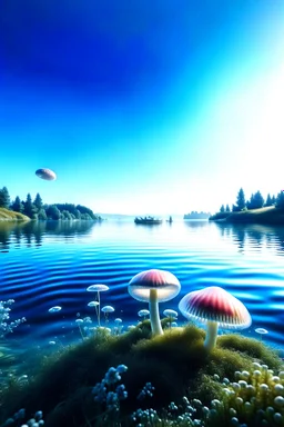 Landscape scene across a lake with mushrooms with jellyfish tentacles floating through a light blue clear sky