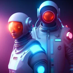 portrait, eternal cyberpunk style space suit, floating in space, sun burning bright in the background, neon light, 8k, 3d, blender