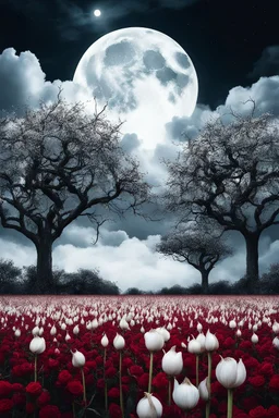 A trees of garlic in a white jungle and cloudy white sky’s Trees of garlic all in white colors Bosch nightmares style full moon in the background all in white . A dark red rose tree in the middle of the picture