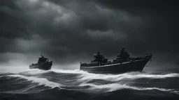 Photoreal magnificent low-angle view of two boats chasing each other on a still black sea shrouded in extreme darkness pitch black skies by lee jeffries, in the style of fantasy movies, photorealistic, shot on Hasselblad h6d-400c, zeiss prime lens, bokeh like f/0.8, tilt-shift lens 8k, high detail, smooth render, unreal engine 5, cinema 4d, HDR, dust effect, vivid colors