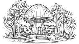 Ground-level outline sketch of a mushroom house in the woods