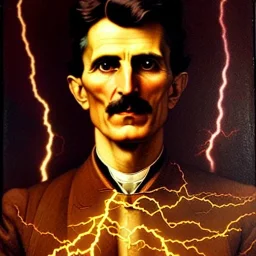 Nikola tesla, highly detailed face, surrounded by lightning bolts in the style of tom bagshaw, alphonse mucha, gaston bussiere, cyberpunk. anatomically correct elegant body. extremely lush detail. masterpiece. melancholic scene infected by night. perfect composition and lightning. sharp focus. high contrast lush surrealistic photorealism.