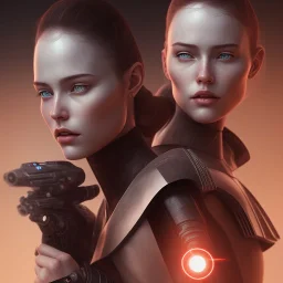 portraitfrom shoulders to head of a male and female star wars charecters, badass, two guns, black fedora, dark red eyes, fanatsy, si-fi, photo realistic, ultra realistic, 8k