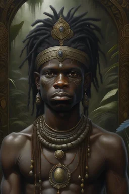 negro facial features prince pharaoh ancient black boy king wisdom african with dreadlocks in the garden of eden, hero, god negro features and face, all seeing eye, owl, Well Endowed, Shirt Torn, Full Body Shot, F size, healthy, Full Lips, Hyper Detailed Face, Photorealistic, Intricately Detailed, Oil Painting, Heavy Strokes, By Jean Baptiste Monge, By Karol Bak, By Carne Griffiths, Masterpiece, Unreal Engine 3D; Symbolism, Colourful, Polished, Complex; UHD; D3D; 16K", Full