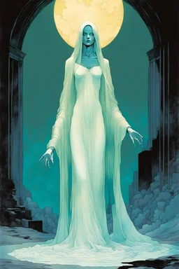 create an imaginative full body print illustration of the pale translucent ghost of an ancient female Oracle with finely detailed hair and feminine facial features, in the land of the dead , in the comic book art style of Bill Sienkiewicz, Mike Mignola, and Jean Giraud Moebius, finely textured, drawn, colored, and inked, suffused with dramatic natural light and shadow of a midnight crescent moon