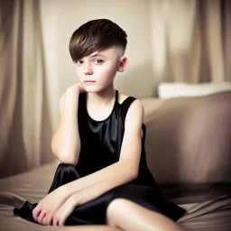 Russian short hair beautiful tomboy boyish boylike short man's haircut boyish features shortcut in black girlish nightgown in hotel