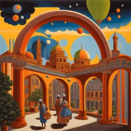 art by "Yinka Shonibare", painting, landscape , Feigned The City with arches and domes, at Dawn, Illustration, Hopeless, 70s Science Fiction, Provia, overly complex style