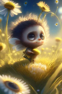 a tiny, very cute chibi fairy clinging to the seed of a dandelion flies over a field of flowers in sunshine Nikon D850 highly detailed digital painting sharp focus elegant fantasy oil on canvas 4k very attractive beautiful wallpaper award winning fantastic view crisp quality Unreal Engine very cute pixar acrylic art