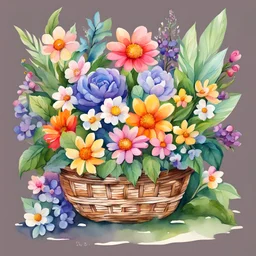 Watercolor drawing of a cute basket of flowers, beautiful plans, with bright flowers and plants, with soft bushes, v, very bright design, in a cartoon style