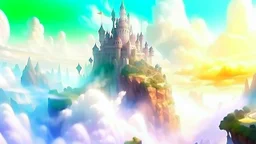 Fantasy digital illustration: a strange land above the clouds, that looks like a dream, with a magnificent, beautiful castle!