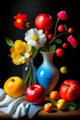 Compose a still life with fruits, flowers, and simple objects. Create sharp outlines for each element