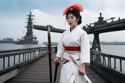 In a surreal twist of fate, a woman emerges on the bridge of the Potemkin, a Japanese battleship from World War II. She stands clad in a 1960s style bloody and white mini dress like an armored onna bugeisha warrior , wielding a katana with ancient grace. The fusion of eras and cultures creates a psychological thriller atmosphere, akin to a scene from the "Twilight Zone."