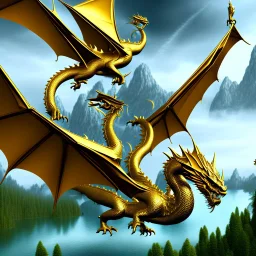 gold dragon flying above a lake, dungeons and dragons, realistic