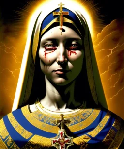 The Virgin Mary, cry in the dark, blood, darkness, Outlast, photorealistic illustration, 8k