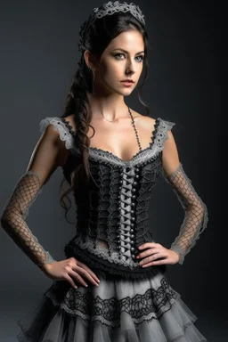 Model with corset, tulle skirt and cardigan crochet