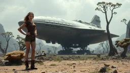 A skinny 50-year-old woman standing, hands on hips, in brown shorts, a shirt, and boots, standing next to a large, sleek cargo spaceship, sitting in a clearing, in a derelict alien city with trees and fungi in clumps.