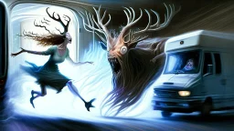 wispy evil lovecraftian looking ghost of deer chases drunk lady from her Budget Moving Van