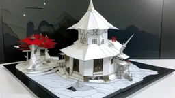 A white sky with a flowing observatory designed in Japanese origami painted by Pieter Bruegel the Elder