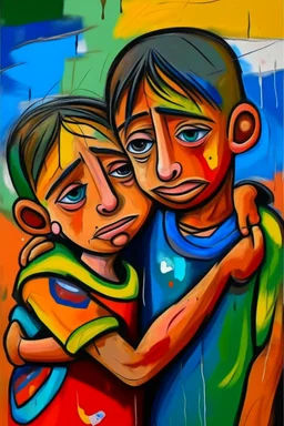 a girl hug her brother and both crying sadly, expressionism, Pixar style, in abstract art Basquiat, Picasso, Miro, Kandinsky, Klee, Birell, Fairey, Ardon, Buffet aand Picasso style, HD --s 750 --v 5.1 --style raw, water color