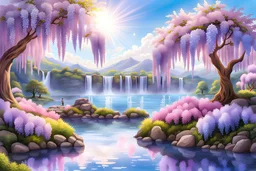 beautiful park with wisteria, white or parma or blue light effects colors, magic sun with sun’s rays in the center of the sky, realistic, very detailed, a peaceful lake with pink or parma hydrangea around and sakura trees, waterfalls in the background of the park and white or pink or blue mountains, high contrast, 8k, high definition, realistic, concept art, sharp focus