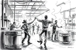 workers dancing in a industry factory , a drawing with sketch lead pencil, barrels and crates that needs pushing and pulling