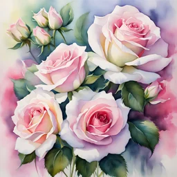 A stunning watercolor painting that captures the ethereal beauty of a bouquet of pink and white roses. Each petal is delicately painted to showcase the smooth movement and translucent qualities of light, smoke, or other similar materials. The roses are arranged in a graceful manner, with their vibrant colors contrasting against the soft, flowing background. The overall effect is one of serene beauty and tranquility, as if the viewer has stepped into a dreamlike world.