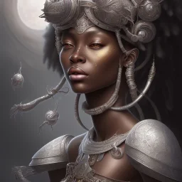 sango fantasy, fantasy magic, intricate, sharp focus, illustration, highly detailed, digital painting, concept art, matte, masterpiece head sexy view black African beauty black afro hair space lady silver snakeskin African princess dust cloud