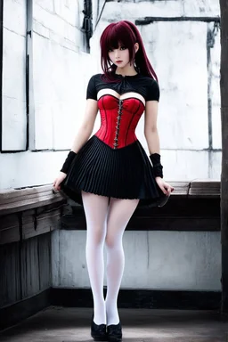 skinny goth woman in a short pleated skirt, white stockings, red corset, dark red hair with bangs