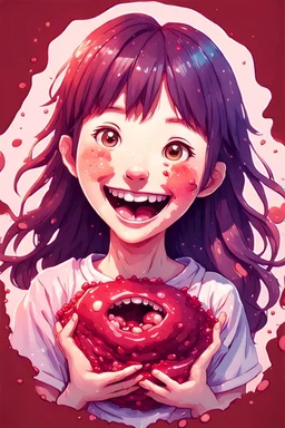 A detailed illustration Anime girl smiling crushed inside really darkred fleshy stomach filled with digestive juices, t-shirt design, in the style of Studio Ghibli, pastel tetradic colors, 3D vector art, cute and quirky, fantasy art, watercolor effect, bokeh, Adobe Illustrator, hand-drawn, digital painting, low-poly, soft lighting, bird's-eye view, isometric style, retro aesthetic, focused on the character, 4K resolution, photorealistic rendering, using Cinema 4D, vector logo, vector art,