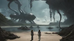 Wide-angle shot of a woman, standing on the right hand side of an alien beach, with dark hair in a silver robotic catsuit, many floating aliens with long tentacles, alien jungle trees in the distance detailed matte painting, deep colour