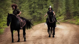 warrior sorcerer leading a black horse on forest path