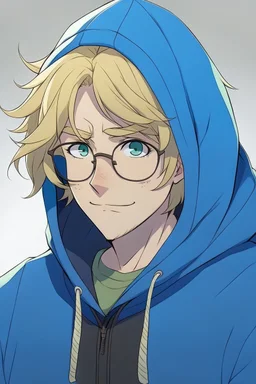 An anime adult man with glasses, fluffy blonde hair, wearing a blue hoodie