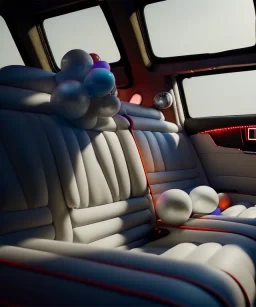 Ultra realistic back seat of limousine image, wide angle view, Alice woman and white rabbit man, many color balls, circus clothing, long hair, smoke, feather long coat, soft color, highly detailed, unreal engine 5, ray tracing, RTX, lumen lighting, ultra detail, volumetric lighting, 3d, finely drawn, high definition, high resolution.