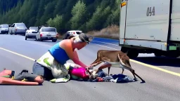 lady giving CPR to injured deer on highway I90 in front of a LARGE BUDGET MOVING Truck