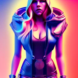 Katheryn Winnick, hoodie, retro futuristic, leather dress, gradient color, BLUE, PINK, CYAN, neon, insanely detailed, 16k resolution, perfect eyes, cinematic smooth, intricate detail