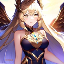 Clear focus, 8k, high quality, detailed, beautiful lighting, vibrant colors, golden long hair, vibrant white eyes, girl, smile, valkyrie, qreen