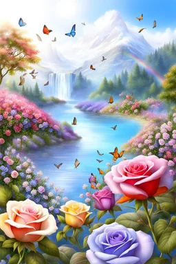 Trés belles roses, rainbows, beautiful colors gardens , flowers, cascades,Birds, butterfly