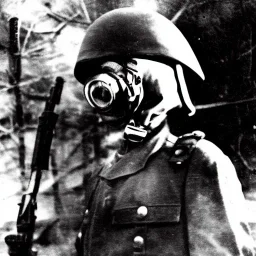 Japanese war general wearing a gas mask holding an AK 47 during world war 2 with a hacker type backround