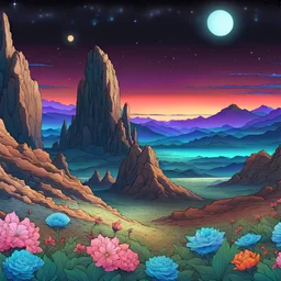 Colourful, scifi, night sky filled with galaxies and stars, Hiroshige, Martian landscape, rock formations, flowers, one-line drawing, sharp focus, 8k, deep 3d field, intricate, ornate