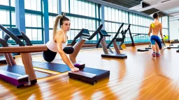 woman dirties wood floor in public fitness center