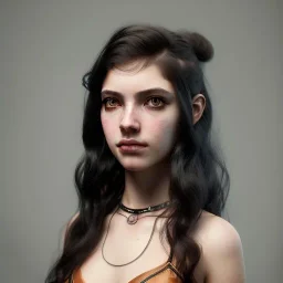 portrait of a teenager girl with mid-length wavy black hair and amber eyes,steampunk style,4k quality