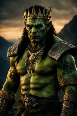 portrait of an orc king with pale skin. Tribal Tattoos Dark hair and green eyes. His look is sad. Half of his head is shaved. wearing jewellery and a golden crown. High resolution. 4K. 8K. Dark Fantasy style. Mountains in the background