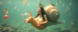fat queen true yoga mind bending bubble gum as a young woman floating transparent music notes in the weirder universe in the ocean with the snail fish king in the style of Giger