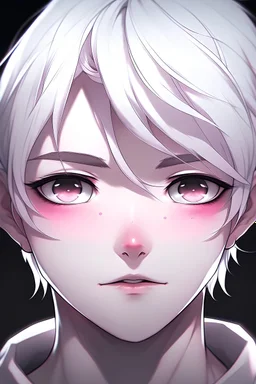 وجه شاب انمي ابيض مع شفاه ورديه و عين سوداء مضيئة و حواجب بيضاء و شعر ابيض و حرف Z علي صدره